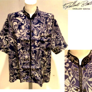 ボントン 3L 春夏 合繊プリント 半袖 スタンドシャツ 3L(3L~4L) 別注サイズ ネイビー 日本製 大きいサイズ キングサイズ ボタニカル 父の日 BONTON 現品限り
